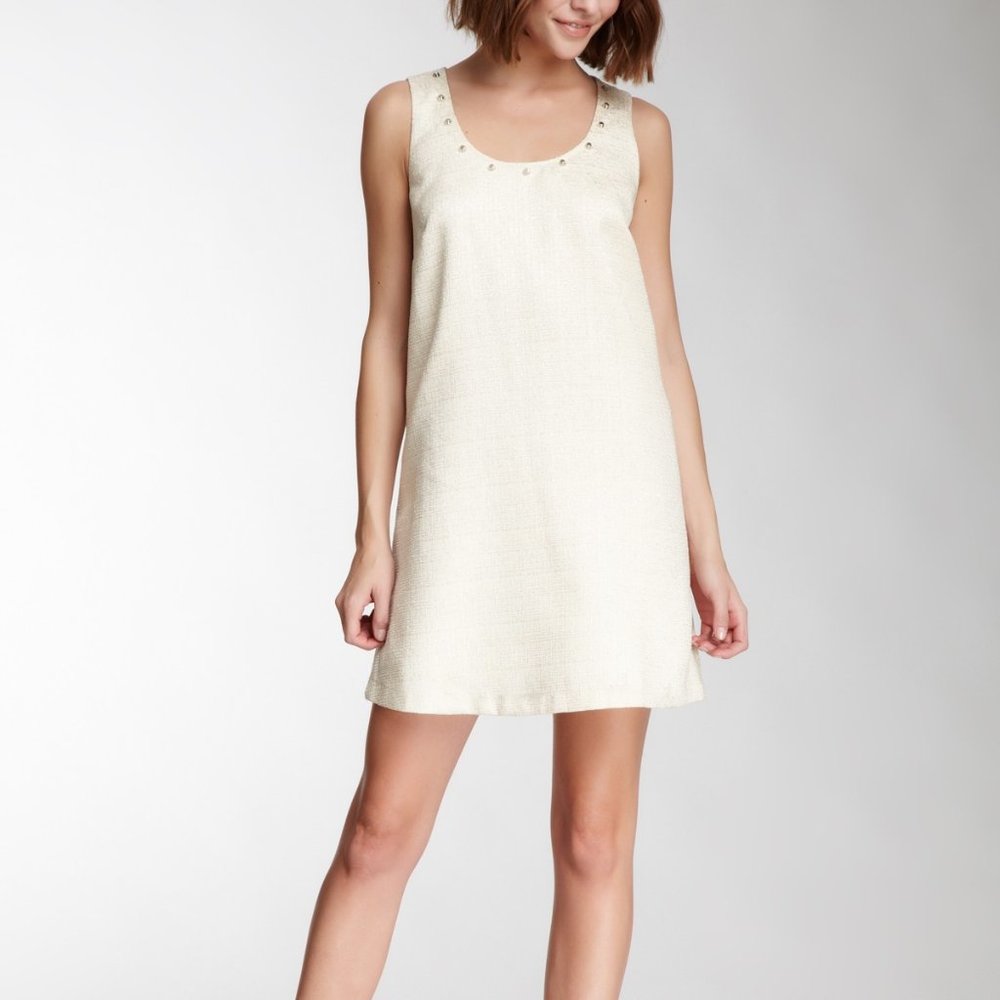 BLU PEPPER GOLD METALLIC TWEED STUDDED SHIFT DRESS